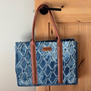 Wrangler Distressed Denim Tote with Tan Straps